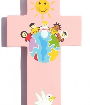 CROIX BOIS ENFANTS DU MONDE ROSE 13CM X 20CM