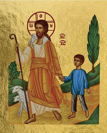 ICONE DOREE JESUS LE BON BERGER CONDUISANT UN PETIT GARCON - 8X9.8 CM