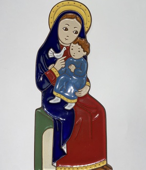 PLAQUETTE VIERGE ET ENFANT OISEAU CERAMIQUE ROUGE