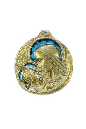 MEDAILLE BERCEAU BRONZE EMAIL VIERGE ENFANT 6.4CM DIAM NDSP