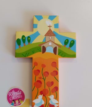 CROIX BOIS EGLISE ET COLOMBES 9X14 CM