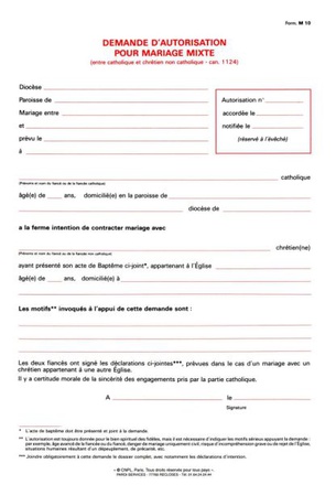 FORMULAIRE M 11 DEMANDE D'AUTORISATION POUR MARIAGE MIXTE ET DE DISPENSE DE FORME CANONIQUE