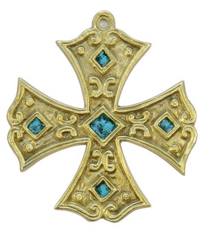 CROIX BRONZE CARRE 12CM COPTE EMAIL TURQUOISE NDSP