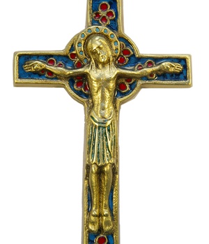 CROIX CHRIST BRONZE EMAIL 14CM / PETALES ROUGES NDSP