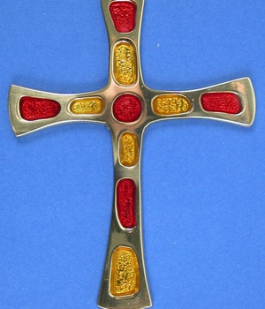 CROIX BRONZE EMAILLE JAUNE ET ROUGE 11.5CM X 8.5CM NDSP
