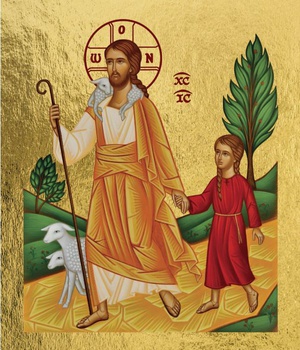 JESUS LE BON BERGER CONDUISANT UNE PETITE FILLE - ICONE DOREE A LA FEUILLE 11.8X14.5 CM