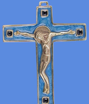CROIX BRONZE CHRIST 10 CM AVEC CARRE FOND BLEU TURQUOISE BLEU - NDSP