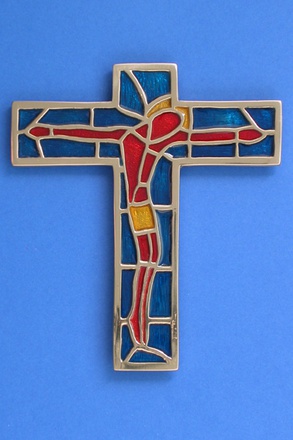 CROIX BRONZE AVEC CHRIST ET EMAUX HAUTEUR 13 CM GRAND MODELE FOND TURQUOISE