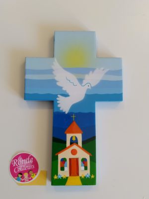 CROIX COLOMBE ET EGLISE BLEUE 9CM X 14CM