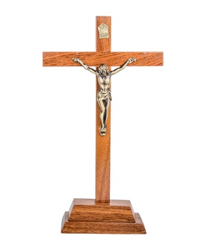 CRUCIFIX BOIS MARRON VERNIS CHRIST METAL BRONZE SUR SOCLE H 16 CM