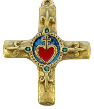CROIX SACRE COEUR BRONZE ET EMAIL 11 X 9.5 CM NDSP