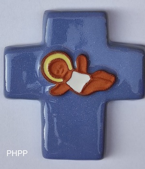 CROIX CERAMIQUE BLEUE JESUS BEBE 9 CM X 9 CM