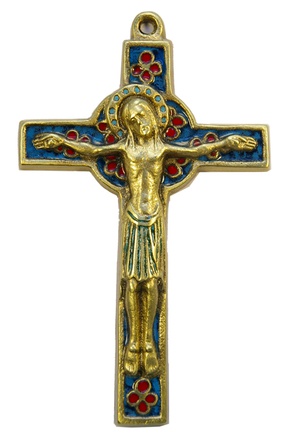 CROIX CHRIST BRONZE EMAIL 14CM / PETALES ROUGES NDSP
