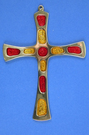 CROIX BRONZE EMAILLE JAUNE ET ROUGE 11.5CM X 8.5CM NDSP