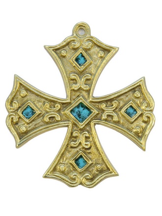 CROIX BRONZE CARRE 12CM COPTE EMAIL TURQUOISE NDSP