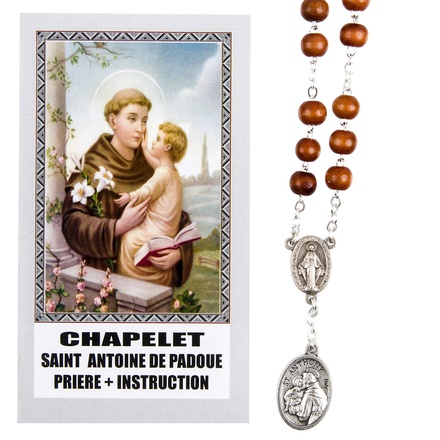 CHAPELET DE DEVOTION DE SAINT ANTOINE GRAINS EN BOIS AVEC NOTICE EXPLICATIVE
