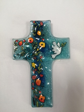 CROIX VERRE FLEURS ORANGES COLOMBE 12X8 CM