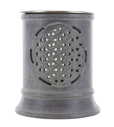BRULE ENCENS PHOTOPHORE EN STEATITE AJOURE FLEUR DE VIE AVEC GRILLE ET BOUGIE, HAUTEUR 10 CM / 9 CM