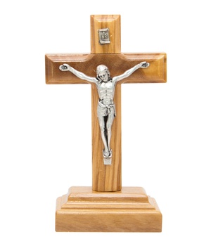 CRUCIFIX EN BOIS D OLIVIER CHRIST ARGENTE SUR SOCLE HAUTEUR 9 CM