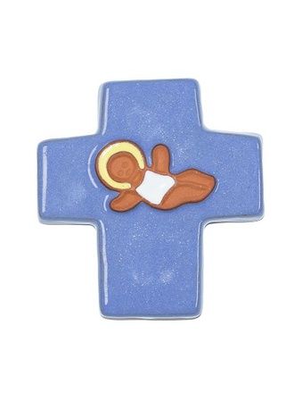 CROIX ENFANT ET AGNEAU CERAMIQUE BLEU 9 X 11.5 CM