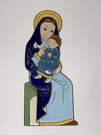 PLAQUETTE VIERGE ET ENFANT CERAMIQUE BLEUE