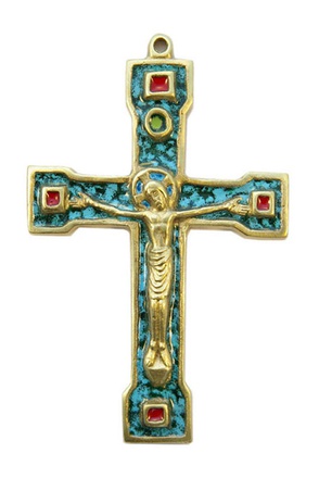 CROIX CHRIST BRONZE EMAIL 15CM / 5 CABOCHONS ROUGES NDSP