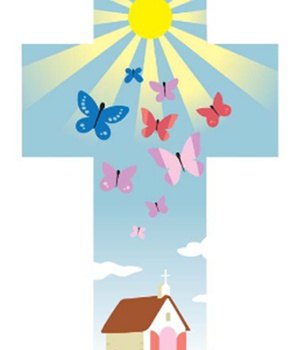 CROIX BOIS EGLISE PAPILLONS 14 CM