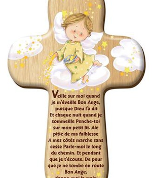 CROIX BOIS IMPRIMEE ANGE GARDIEN JAUNE