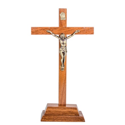 CRUCIFIX BOIS MARRON VERNIS CHRIST METAL BRONZE SUR SOCLE H 16 CM