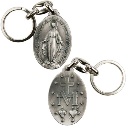 PORTE CLES DE LA VIERGE MIRACULEUSE DOUBLE FACE HAUTEUR 4 CM EN METAL ARGENTE