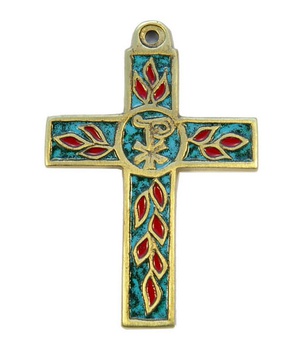 CROIX BRONZE EMAIL TURQUOISE 11CM FEUILLAGE NDSP