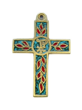CROIX BRONZE EMAIL TURQUOISE 11CM FEUILLAGE NDSP