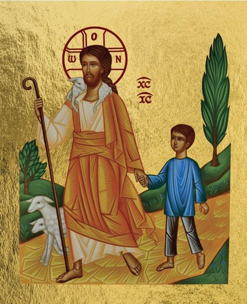 JESUS LE BON BERGER CONDUISANT UN PETIT GARCON - MINI ICONE AUTOCOLLANTE 6.5X8 CM