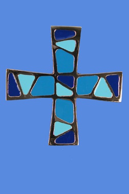 CROIX BRONZE EMAIL BLEU TURQUOISE 9 CM PAR 9 CM