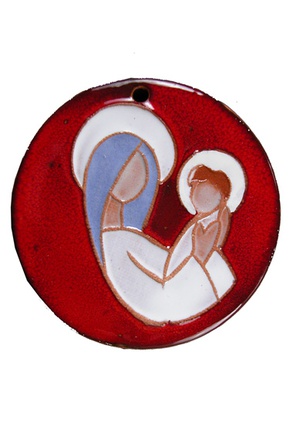 MEDAILLON ROND EMAIL ROUGE : VIERGE A L ENFANT 8 CM