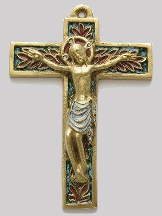 CROIX CHRIST BRONZE EMAIL FEUILLAGE 14CM NDSP