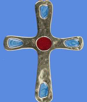 CROIX BRONZE EMAILLEE ROUGE ET BLEU 10 X 7.5 CM