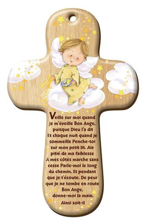 CROIX BOIS IMPRIMEE ANGE GARDIEN JAUNE