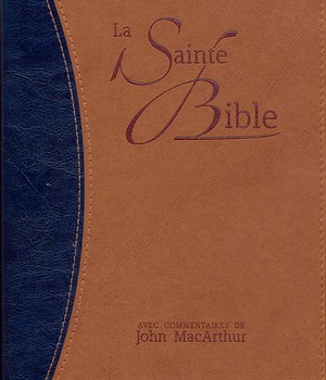 BIBLE NEG MACARTHUR : SOUPLE SIMILICUIR DUO BLEU ET BRUN, TRANCHES OR