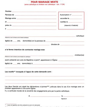 FORMULAIRE M 11 DEMANDE D'AUTORISATION POUR MARIAGE MIXTE ET DE DISPENSE DE FORME CANONIQUE