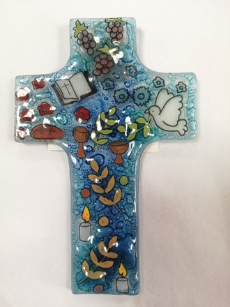 CROIX VERRE FLEUR BIBLE COLOMBE 12X8 CM
