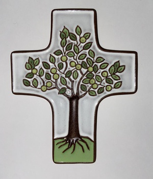 CROIX CERAMIQUE ARBRE DE VIE BLANC ET VERT 11.50 X 9.50 CM NDSP