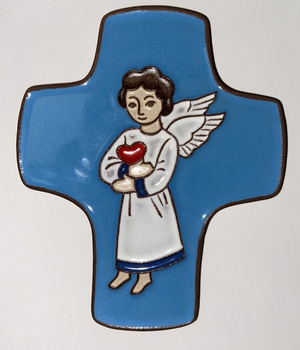CROIX CERAMIQUE BLEUE ANGE COEUR