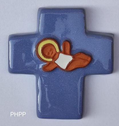 CROIX CERAMIQUE BLEUE JESUS BEBE 9 CM X 9 CM