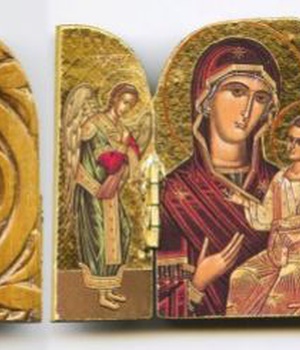 TRIPTYQUE ICONE DORE AVEC REVERS SCULPTE 9.5 X 7 CM NDSP