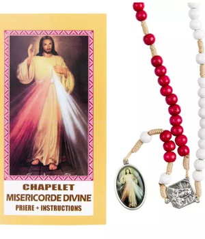 CHAPELET DE DEVOTION DE LA MISERICORDE DIVINE GRAINS BLANC ET ROUGE EN BOIS