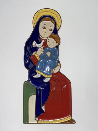 PLAQUETTE VIERGE ET ENFANT OISEAU CERAMIQUE ROUGE