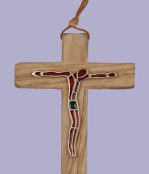 CROIX OLIVIER 12 CM CLASSIQUE CHRIST BRONZE ROUGE EMAIL