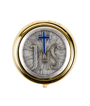 CUSTODE POUR HOSTIE METAL DORE PLAQUE ARGENTE JHS CROIX RESINE BLEUE DIAM 5CM