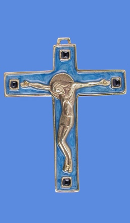 CROIX BRONZE CHRIST 10 CM AVEC CARRE FOND BLEU TURQUOISE BLEU - NDSP
